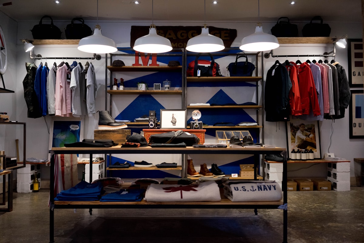 Curated retail store interior with apparel and goods