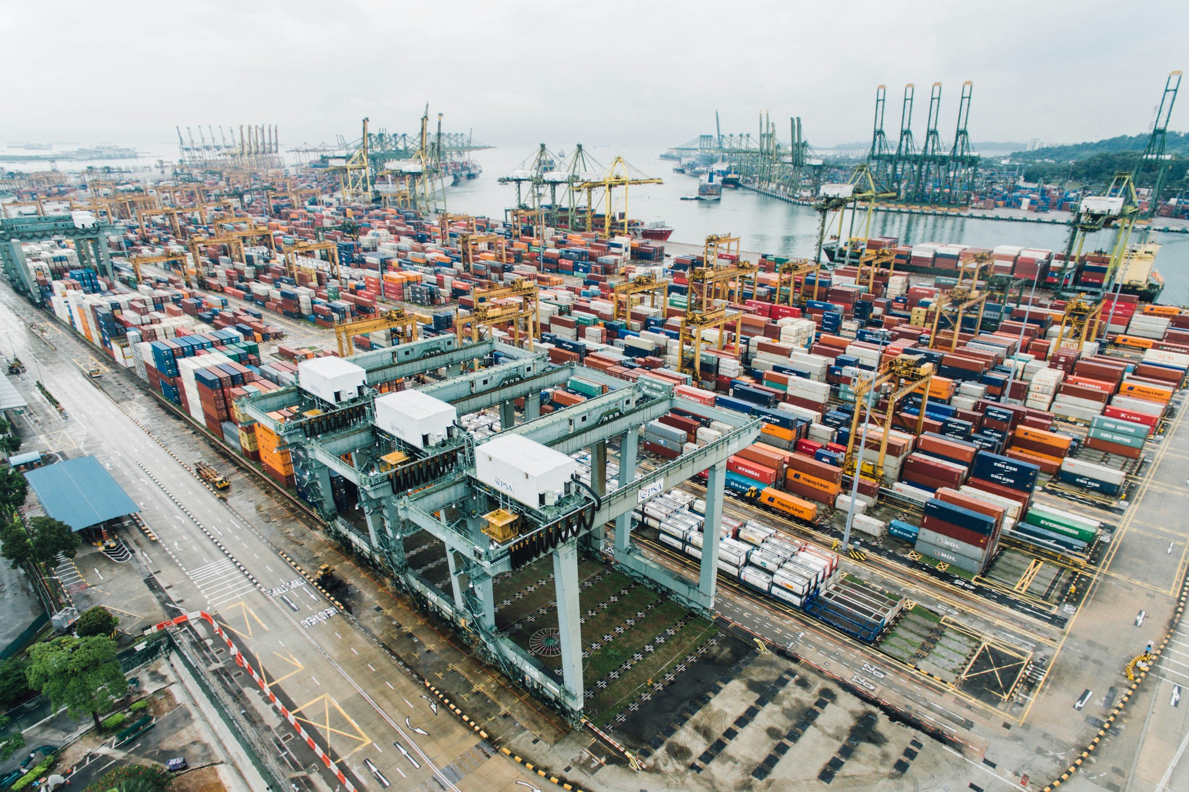 Aerial view of an intermodal container terminal at dusk